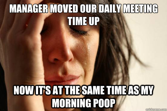 Manager moved our daily meeting time up Now it's at the same time as my morning poop - Manager moved our daily meeting time up Now it's at the same time as my morning poop  First World Problems