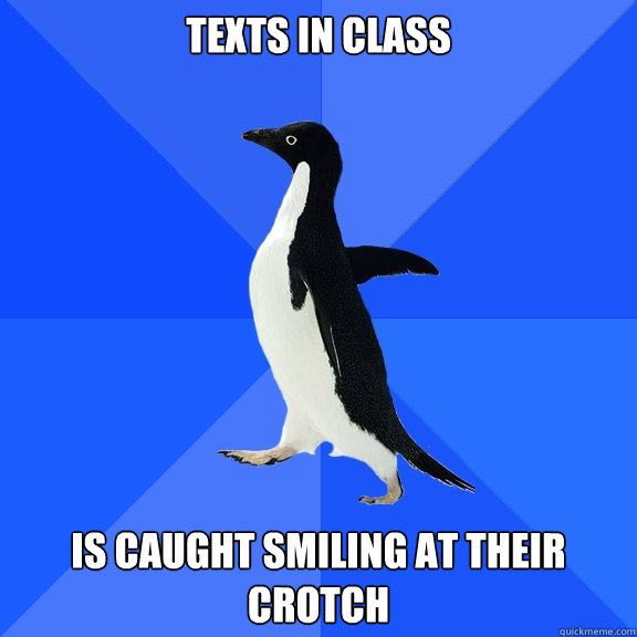 Texts in class is caught smiling at their crotch  Socially Awkward Penguin