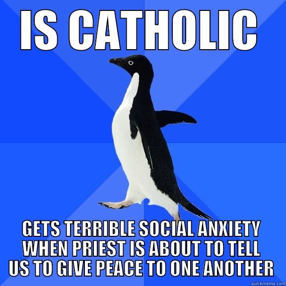 IS CATHOLIC GETS TERRIBLE SOCIAL ANXIETY WHEN PRIEST IS ABOUT TO TELL US TO GIVE PEACE TO ONE ANOTHER Socially Awkward Penguin