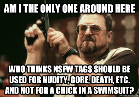 Am I the only one around here who thinks NSFW tags should be used for nudity, gore, death, etc. and not for a chick in a swimsuit? - Am I the only one around here who thinks NSFW tags should be used for nudity, gore, death, etc. and not for a chick in a swimsuit?  Am I the only one
