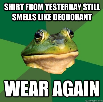 Shirt from yesterday still smells like deodorant  Wear again  Foul Bachelor Frog