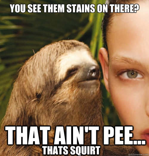 you see them stains on there? that ain't pee... thats squirt  Whispering Sloth