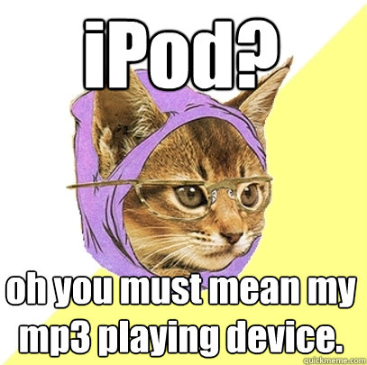iPod? oh you must mean my mp3 playing device.  Hipster Kitty