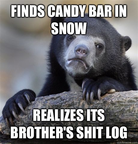 Finds candy bar in snow Realizes its brother's shit log  Confession Bear