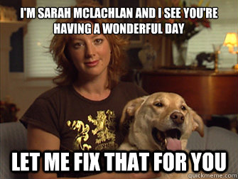 I'm Sarah McLachlan and I see you're having a wonderful day LET ME FIX THAT FOR YOU  Sarah Mclachlan