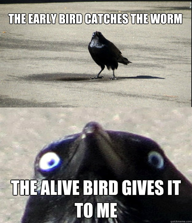The early bird catches the worm The alive bird gives it to me  Insanity Crow