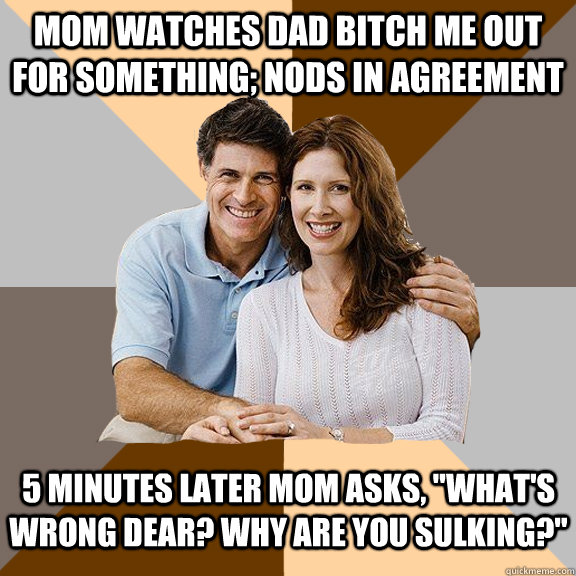 Mom Watches Dad Bitch Me Out For Something; Nods In Agreement 5 Minutes Later Mom Asks, 