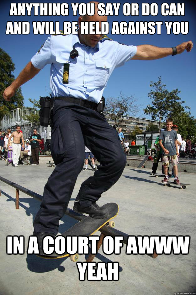 Anything you say or do can and will be held against you in a court of Awww Yeah  Skateboard Cop