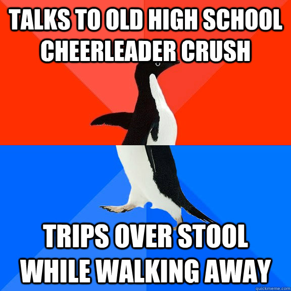 Talks to old High School cheerleader crush trips over stool while walking away  Socially Awesome Awkward Penguin