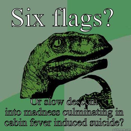 SIX FLAGS? OR SLOW DESCENT INTO MADNESS CULMINATING IN CABIN FEVER INDUCED SUICIDE? Philosoraptor
