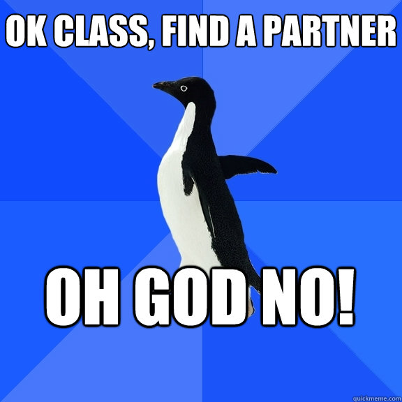 Ok class, find a partner Oh god no!    Socially Awkward Penguin