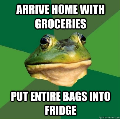 arrive home with groceries put entire bags into fridge  Foul Bachelor Frog