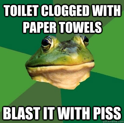 Toilet clogged with paper towels blast it with piss  Foul Bachelor Frog