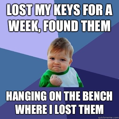 Lost my keys for a week, found them Hanging on the bench where I lost them  Success Kid
