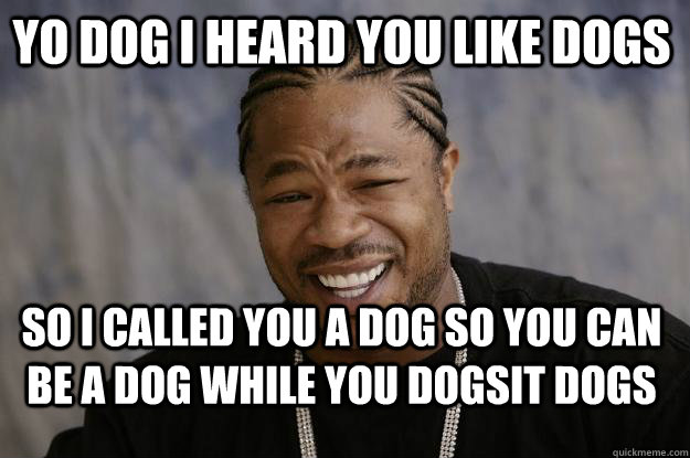 YO Dog i heard you like dogs so i called you a dog so you can be a dog while you dogsit dogs - YO Dog i heard you like dogs so i called you a dog so you can be a dog while you dogsit dogs  Xzibit meme