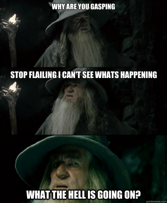 Why are you gasping What the hell is going on? Stop flailing i can't see whats happening  Confused Gandalf
