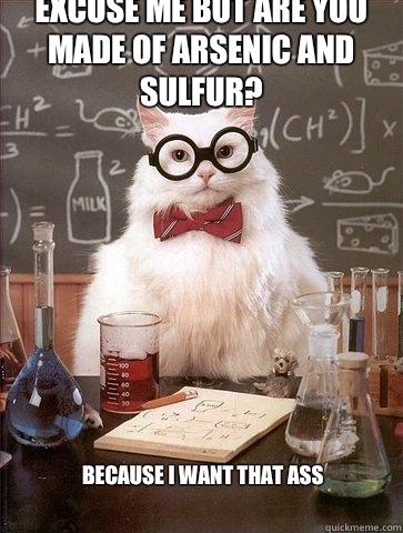 Excuse me but are you made of arsenic and sulfur? Because I want that AsS
  Chemistry Cat