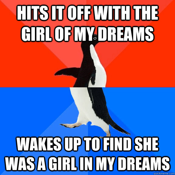 Hits it off with the girl of my dreams Wakes up to find she was a girl in my dreams  Socially Awesome Awkward Penguin