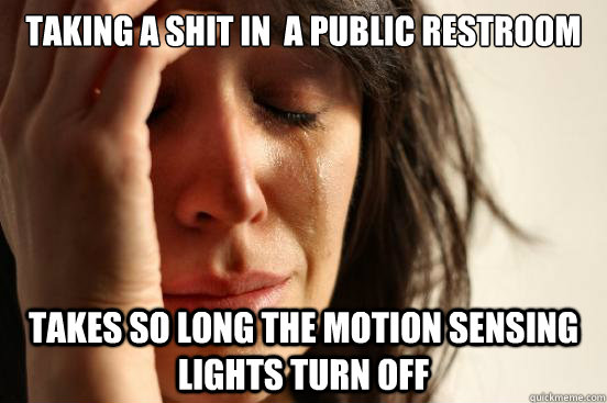 Taking a shit in  a public restroom Takes so long the motion sensing lights turn off  First World Problems