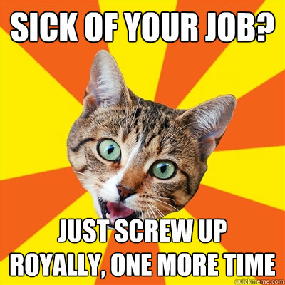 Sick of your Job? Just Screw up royally, one more time - Sick of your Job? Just Screw up royally, one more time  Bad Advice Cat