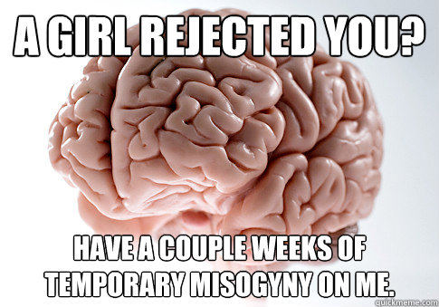 A girl rejected you? Have a couple weeks of temporary misogyny on me.  Scumbag Brain