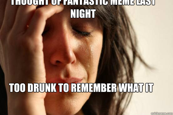 Thought of fantastic meme last night Too drunk to remember what it was - Thought of fantastic meme last night Too drunk to remember what it was  First World Problems