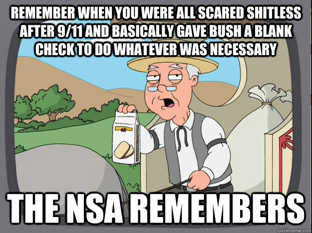 Remember when you were all scared shitless after 9/11 and basically gave Bush a blank check to do whatever was necessary The NSA remembers  Pepperidge Farm Remembers
