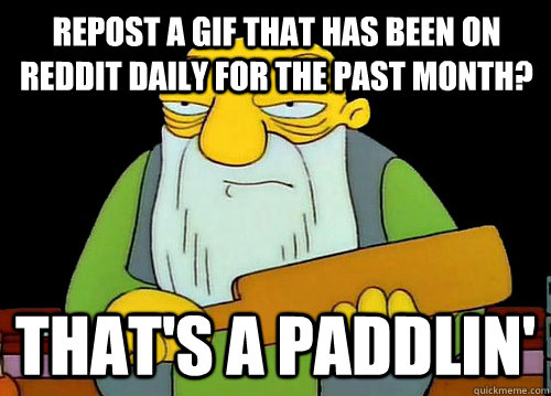Repost a gif that has been on reddit daily for the past month? That's a Paddlin'  Thats a paddlin