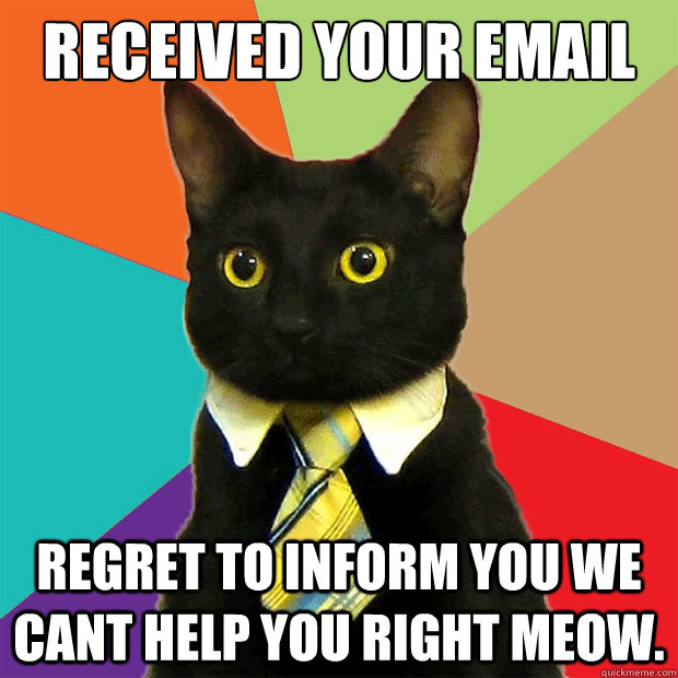 Received your email Regret to inform you we cant help you right meow. - Received your email Regret to inform you we cant help you right meow.  Business Cat