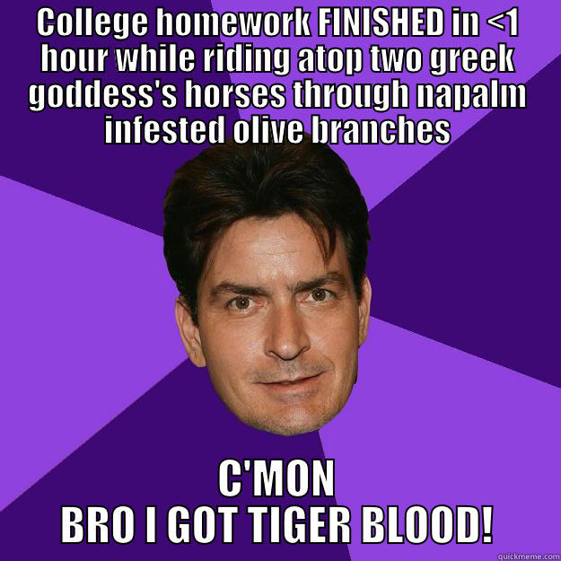 COLLEGE HOMEWORK FINISHED IN <1 HOUR WHILE RIDING ATOP TWO GREEK GODDESS'S HORSES THROUGH NAPALM INFESTED OLIVE BRANCHES C'MON BRO I GOT TIGER BLOOD! Clean Sheen