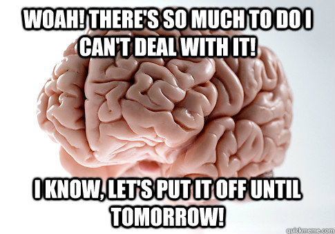 Woah! There's so much to do I can't deal with it! I know, let's put it off until tomorrow!  Scumbag Brain