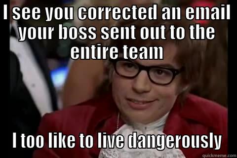 I SEE YOU CORRECTED AN EMAIL YOUR BOSS SENT OUT TO THE ENTIRE TEAM I TOO LIKE TO LIVE DANGEROUSLY live dangerously 