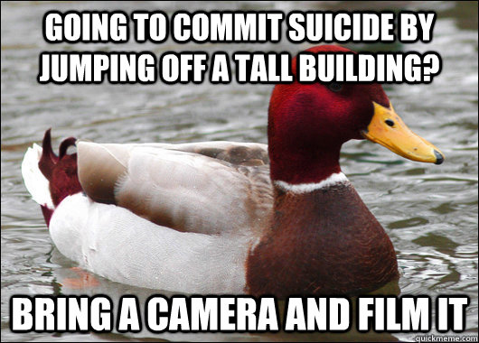 Going to commit suicide by jumping off a tall building? bring a camera and film it  Malicious Advice Mallard