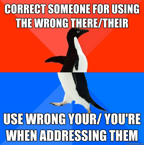 Correct someone for using the wrong there/their Use wrong your/ you're when addressing them   Socially Awesome Awkward Penguin