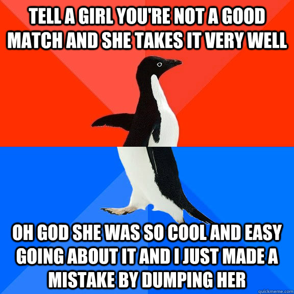 Tell a girl you're not a good match and she takes it very well Oh god she was so cool and easy going about it and i just made a mistake by dumping her  Socially Awesome Awkward Penguin