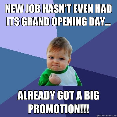 New job hasn't even had its grand opening day... already got a big promotion!!!  Success Kid