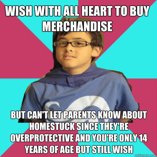 wish with all heart to buy merchandise but can't let parents know about Homestuck since they're overprotective and you're only 14 years of age but still wish  Casual Homestuck Fan