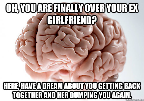 Oh, you are finally over your ex girlfriend? Here, have a dream about you getting back together and her dumping you again. - Oh, you are finally over your ex girlfriend? Here, have a dream about you getting back together and her dumping you again.  Scumbag brain on life