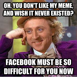 Oh, you don't like my meme, and wish it never existed? Facebook must be so difficult for you now  Condescending Wonka