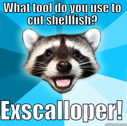 WHAT TOOL DO YOU USE TO CUT SHELLFISH?  EXSCALLOPER! Lame Pun Coon