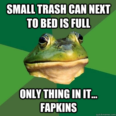small trash can next to bed is full  only thing in it... Fapkins  Foul Bachelor Frog