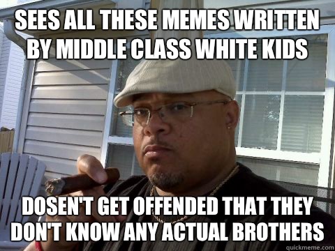 Sees all these memes written by middle class white kids dosen't get offended that they don't know any actual brothers  Ghetto Good Guy Greg