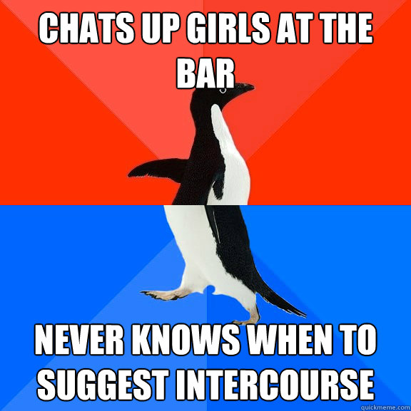 Chats up girls at the bar never knows when to suggest intercourse  Socially Awesome Awkward Penguin