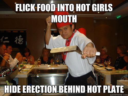 Flick food into hot girls mouth Hide erection behind hot plate  