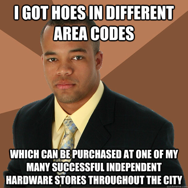 I got hoes in different area codes which can be purchased at one of my many successful independent hardware stores throughout the city - I got hoes in different area codes which can be purchased at one of my many successful independent hardware stores throughout the city  Successful Black Man