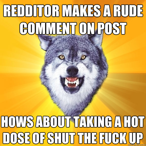 Redditor makes a rude comment on post Hows about taking a hot dose of SHut the fuck up  Courage Wolf