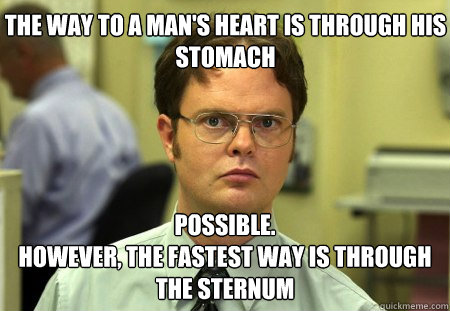 the way to a man's heart is through his stomach possible.
however, the fastest way is through the sternum  Schrute