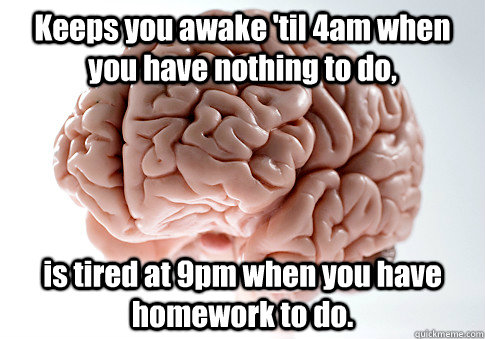 Keeps you awake 'til 4am when you have nothing to do, is tired at 9pm when you have homework to do.   Scumbag Brain