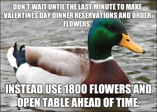 Don't wait until the last minute to make Valentines day dinner reservations and order flowers. Instead use 1800 flowers and open table ahead of time.  Actual Advice Mallard