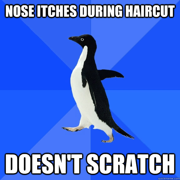 Nose itches during haircut doesn't scratch  Socially Awkward Penguin